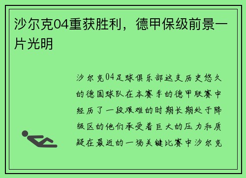 沙尔克04重获胜利，德甲保级前景一片光明